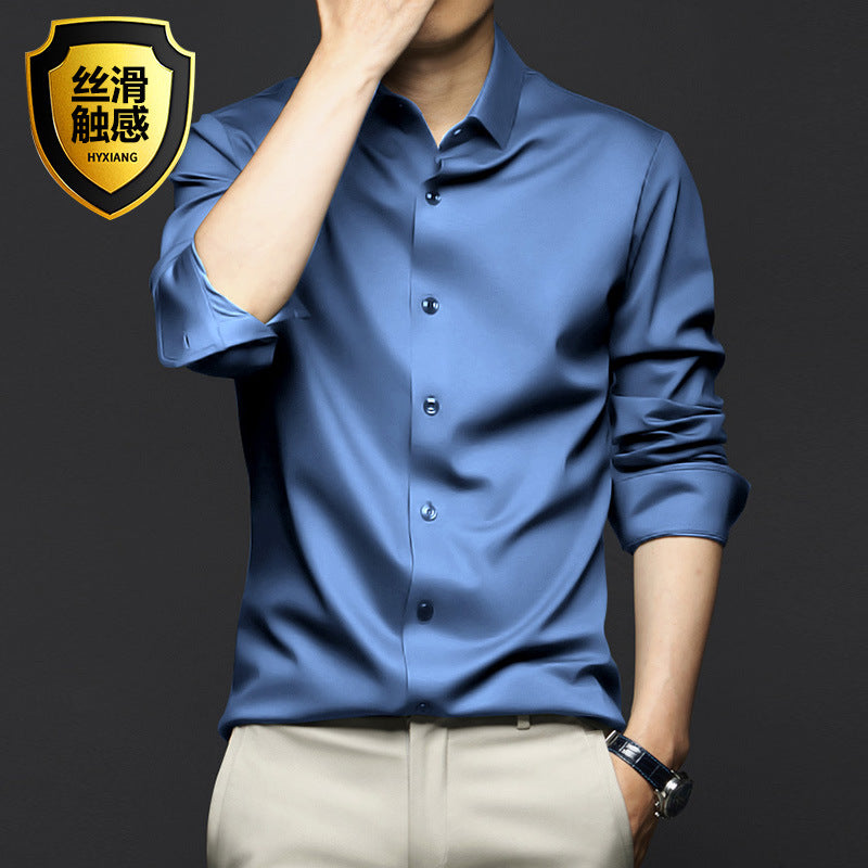 Men's professional/business formal long-sleeved ANTI-WRINKLE & NON-IRONING high-end silk shirt