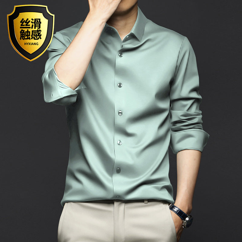 Men's professional/business formal long-sleeved ANTI-WRINKLE & NON-IRONING high-end silk shirt