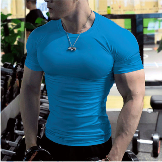 Men's fitness clothing, Gym & Summer sports, Quick-drying, Sweat-absorbent Elastic Tights Short-sleeved Training T-shirt, Running Shirts